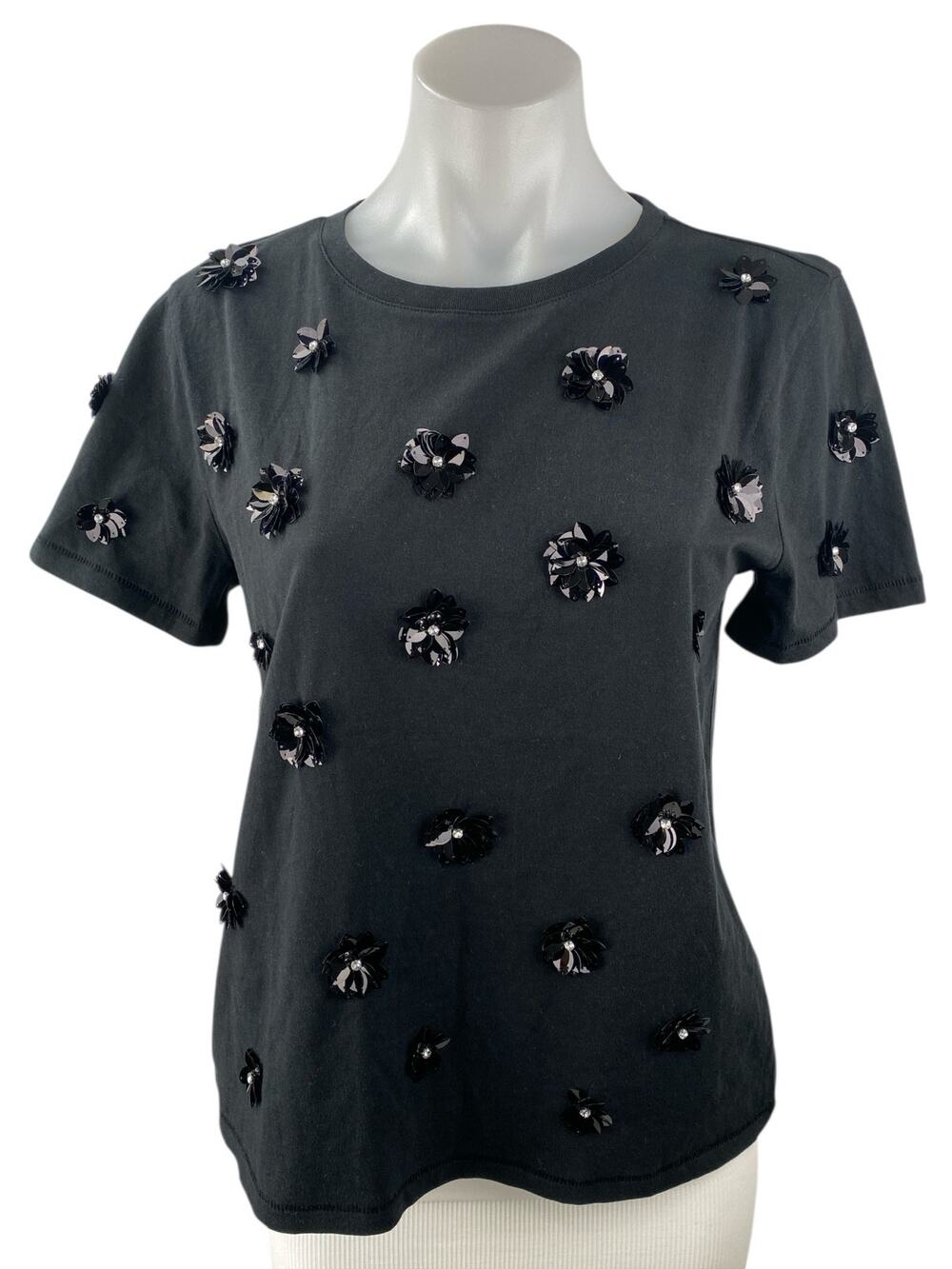 J.Crew Womens Black Floral 3D Embellished Short Sleeve T Shirt Blouse Top Size S